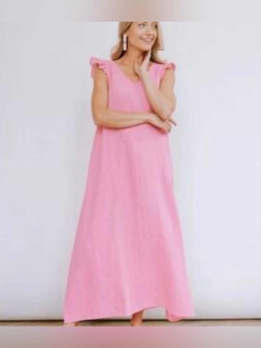 Sunshine Tienda Pink V-Neck Ruffle Sleeve Maxi Dress